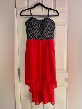 Strapless Black Lace Top Red Hi-Low Dress, Size L, NWT